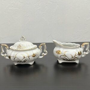 Lefton China Wheat #20120 Demitasse (mini) Cream & Lidded Sugar Bowl Gold Accent